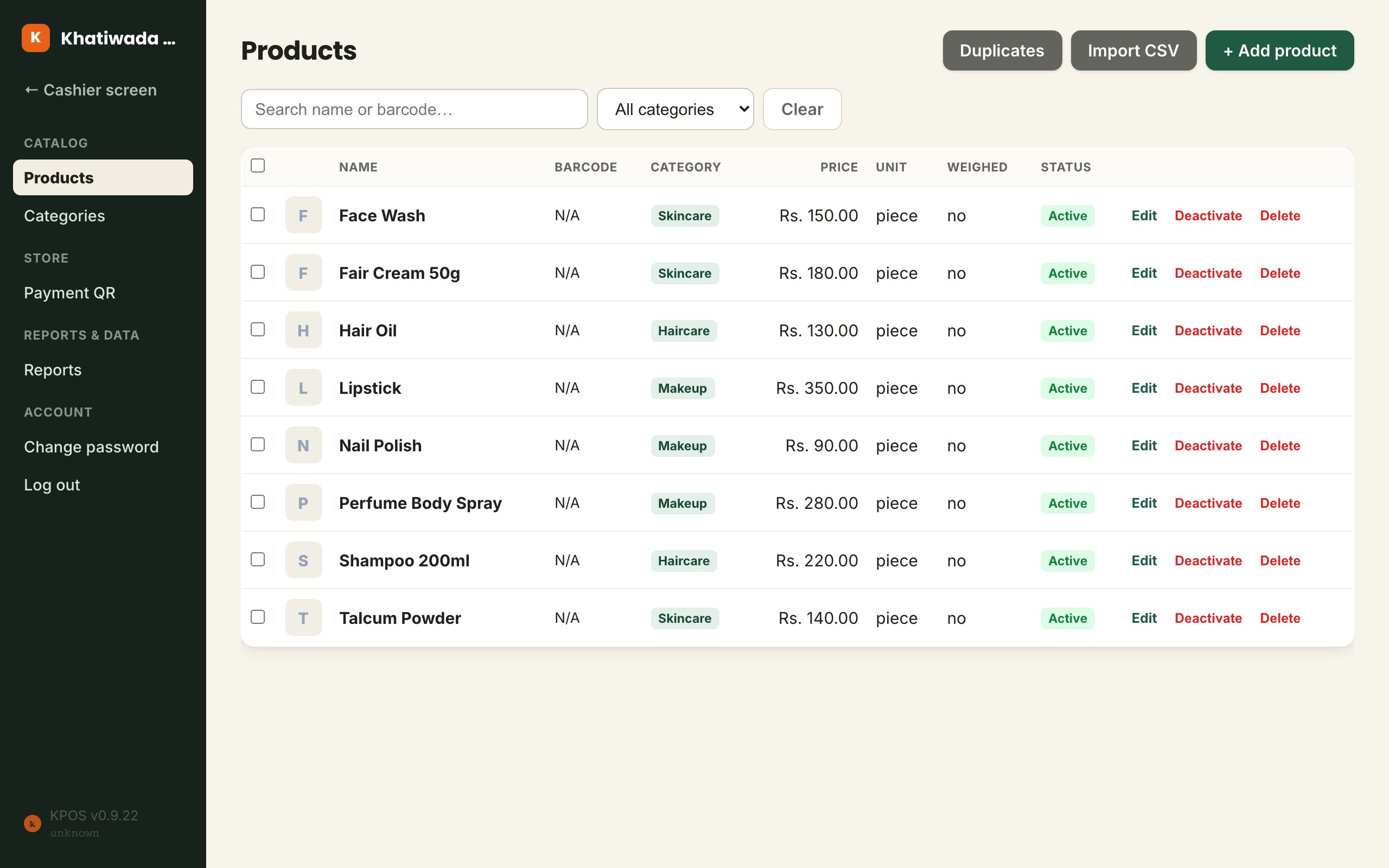 Khatiwada Cosmetics' admin product list, organised into Skincare, Haircare and Makeup